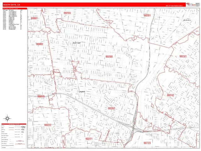 South Gate, CA ZIP Code Wall Map, RedLine style