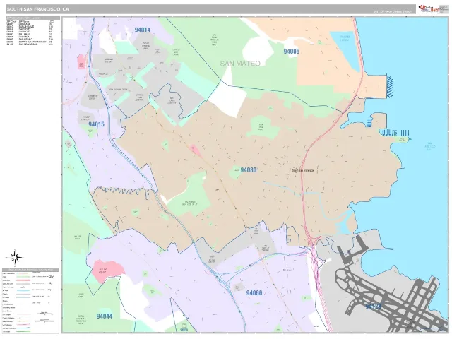 South San Francisco, CA ZIP Code Wall Map, Classic style