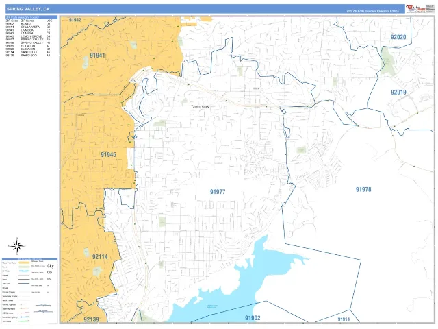 Spring Valley, CA ZIP Code Wall Map, Business Reference style