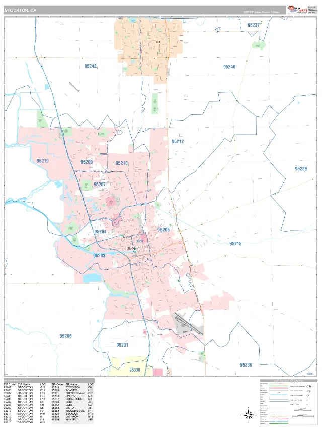 Stockton, CA ZIP Code Wall Map, Classic style