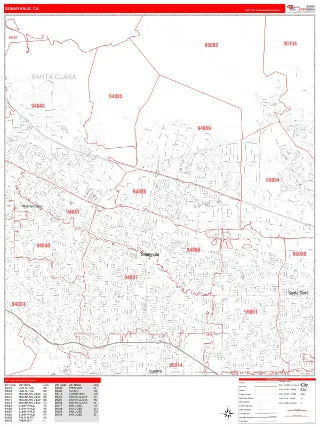 Sunnyvale, CA RedLine style ZIP Code wall map