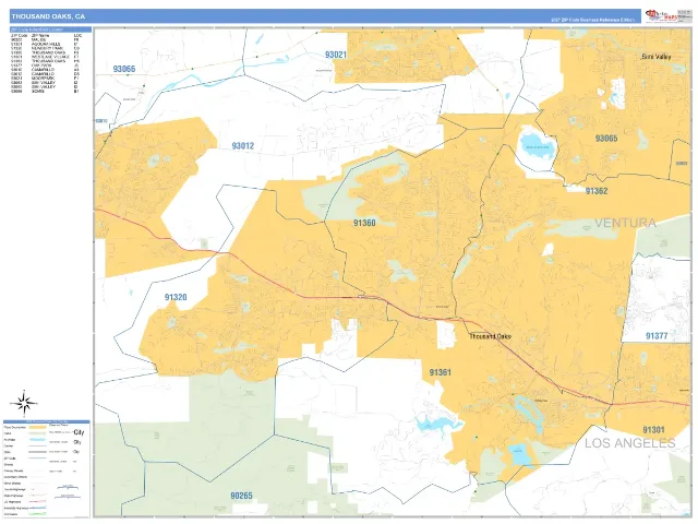 Thousand Oaks, CA ZIP Code Wall Map, Business Reference style