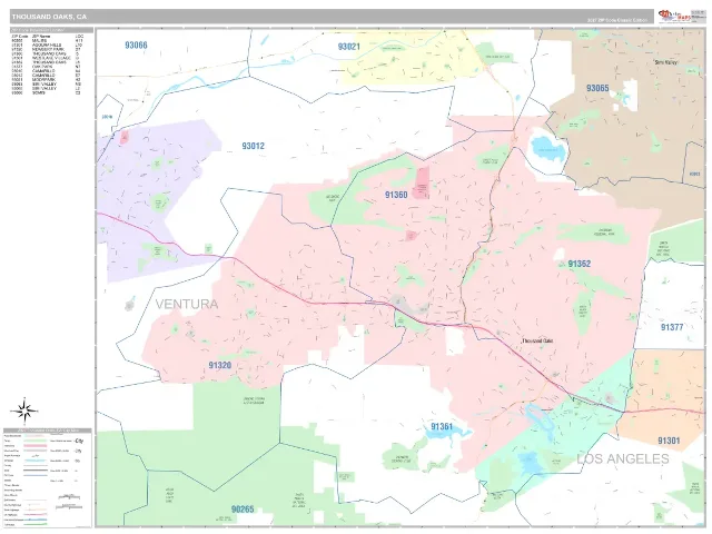 Thousand Oaks, CA ZIP Code Wall Map, Classic style