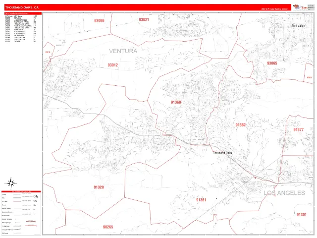 Thousand Oaks, CA ZIP Code Wall Map, RedLine style