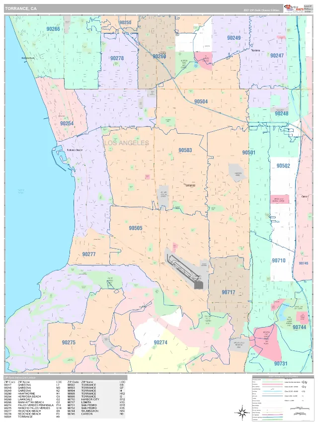 Torrance, CA ZIP Code Wall Map, Classic style