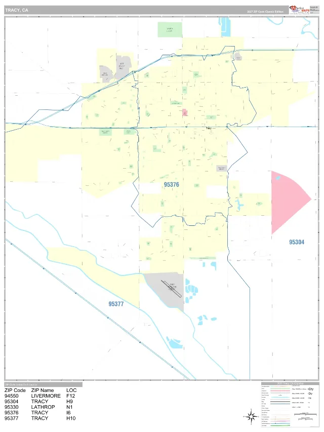 Tracy, CA ZIP Code Wall Map, Classic style