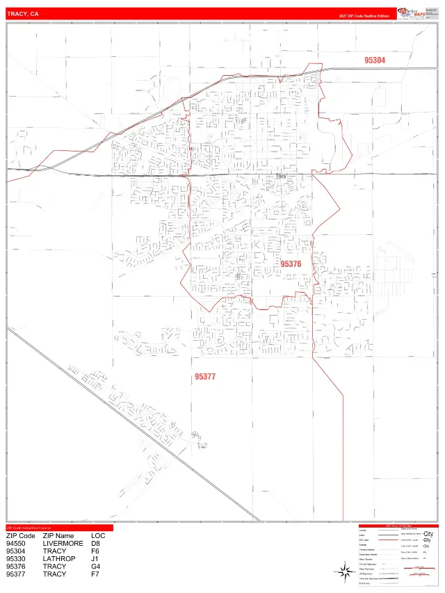Tracy, CA ZIP Code Wall Map, RedLine style