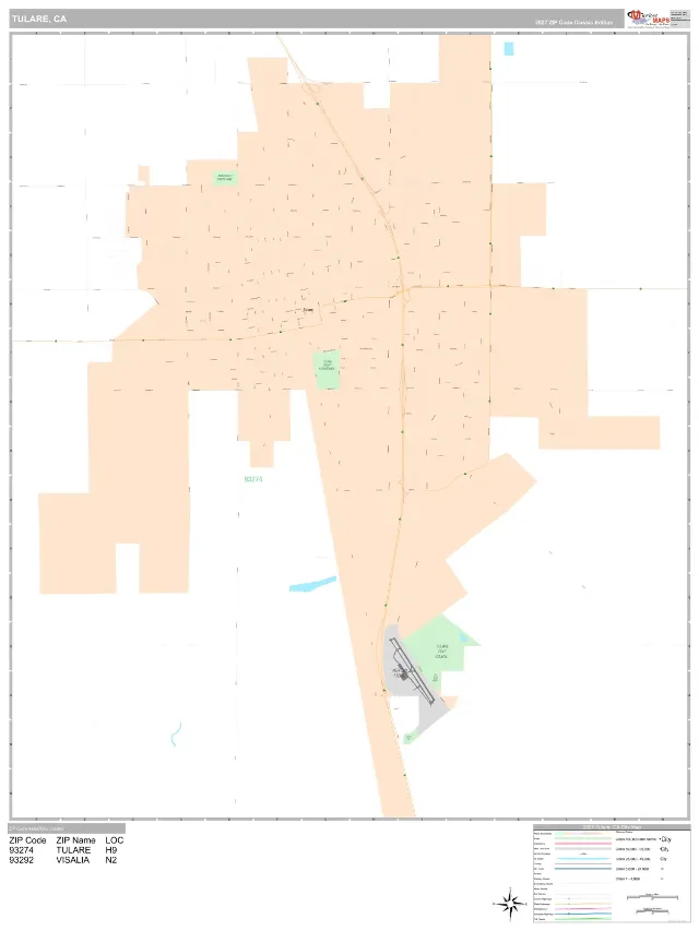 Tulare, CA ZIP Code Wall Map, Classic style