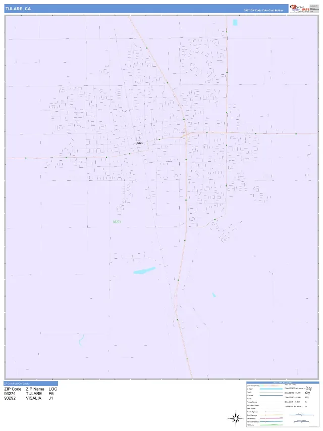Tulare, CA ZIP Code Wall Map, ColorCast style