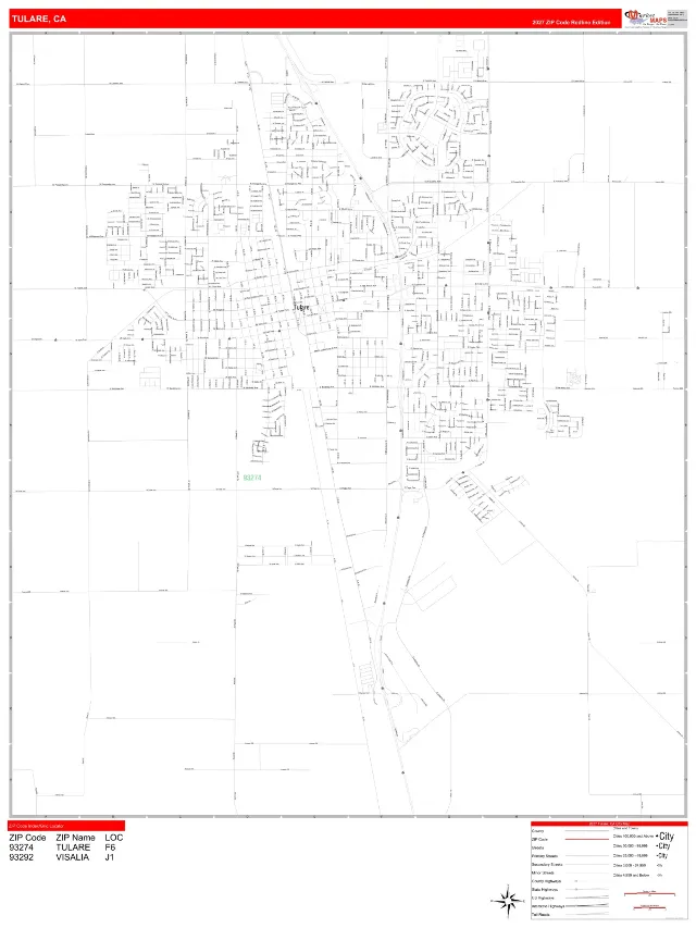 Tulare, CA ZIP Code Wall Map, RedLine style