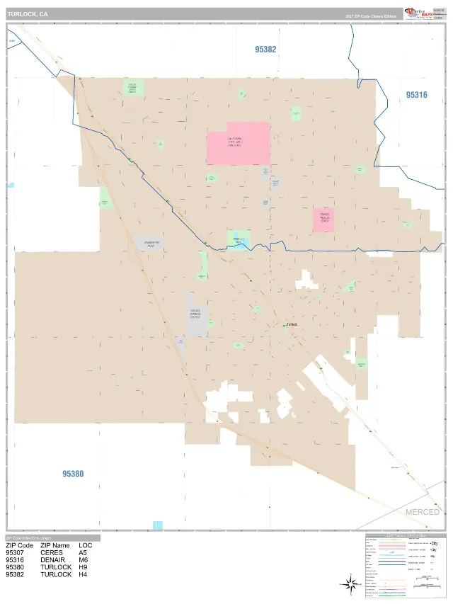Turlock, CA ZIP Code Wall Map, Classic style