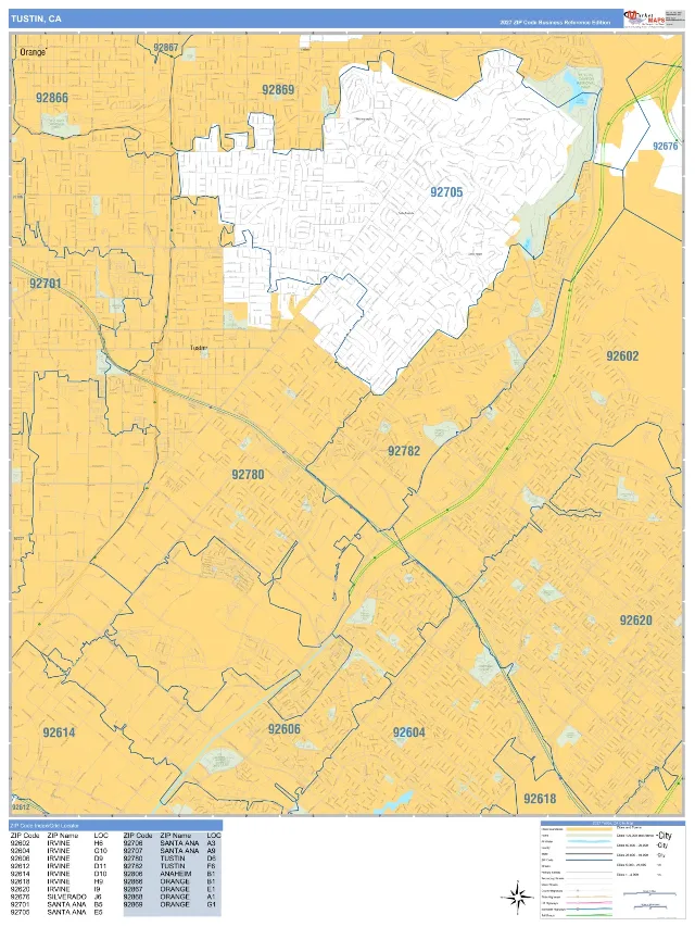 Tustin, CA ZIP Code Wall Map, Business Reference style