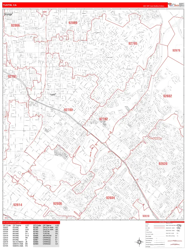 Tustin, CA ZIP Code Wall Map, RedLine style