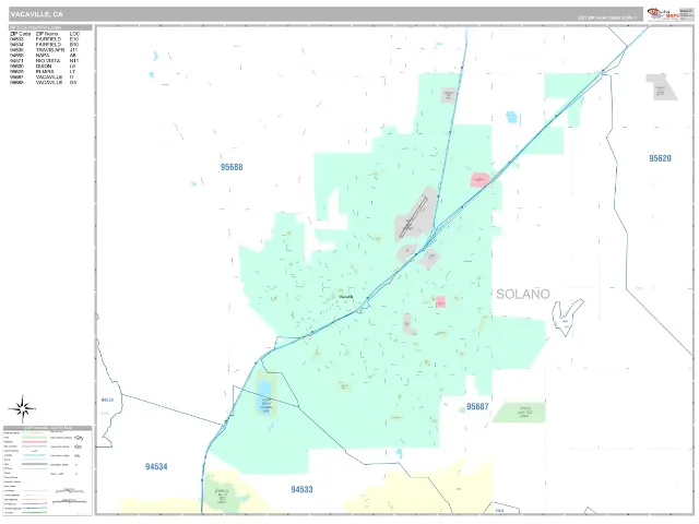 Vacaville, CA ZIP Code Wall Map, Classic style