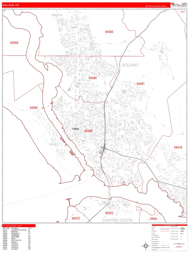 Vallejo, CA ZIP Code Wall Map, RedLine style