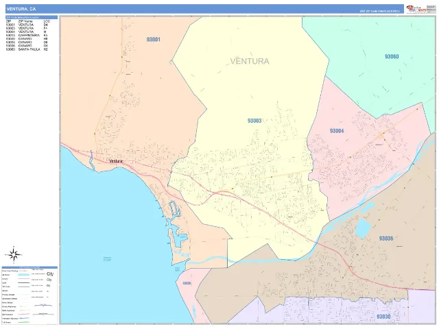 Ventura, CA ZIP Code Wall Map, ColorCast style