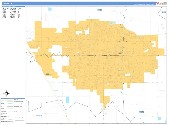 Visalia, CA ZIP Code Wall Map, Business Reference style