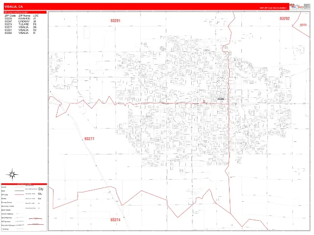 Visalia, CA ZIP Code Wall Map, RedLine style
