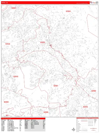 Vista, CA RedLine style ZIP Code wall map