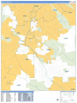 Walnut Creek, CA Business Reference style ZIP Code wall map