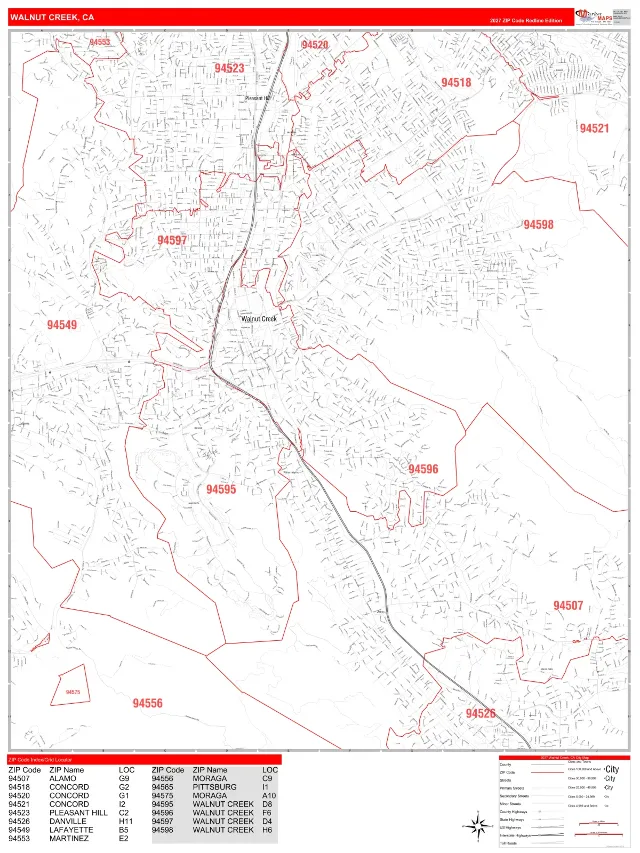 Walnut Creek, CA ZIP Code Wall Map, RedLine style