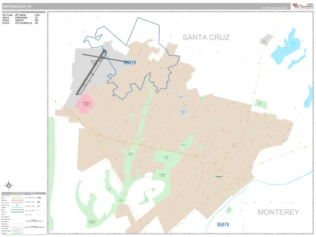 Watsonville, CA ZIP Code Wall Map, Classic style