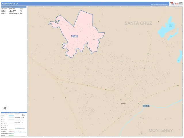 Watsonville, CA ZIP Code Wall Map, ColorCast style