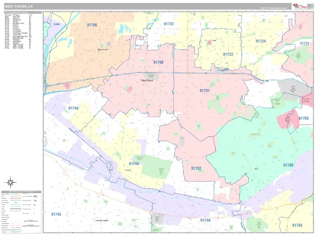 West Covina, CA ZIP Code Wall Map, Classic style