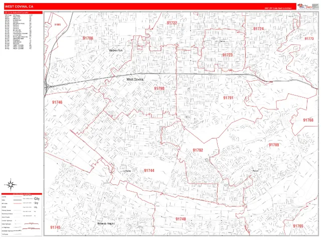 West Covina, CA ZIP Code Wall Map, RedLine style