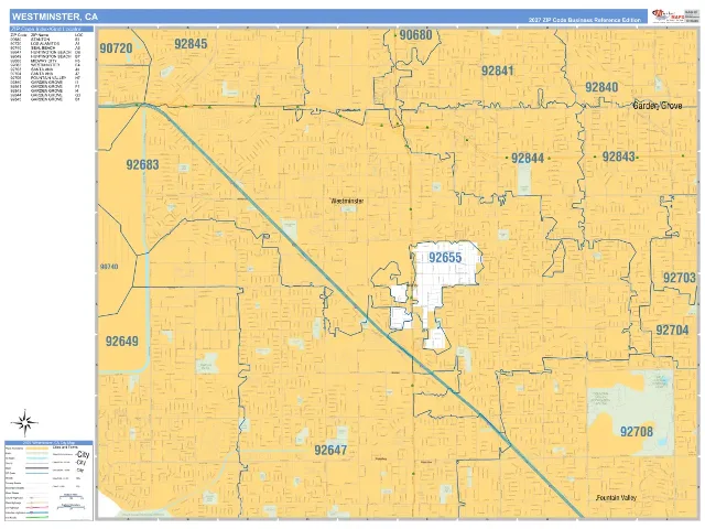 Westminster, CA ZIP Code Wall Map, Business Reference style