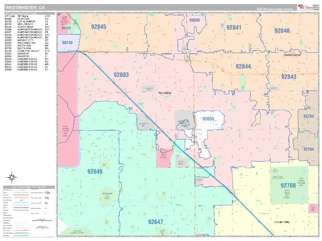 Westminster, CA ZIP Code Wall Map, Classic style