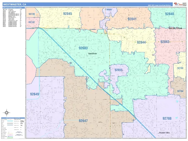 Westminster, CA ZIP Code Wall Map, ColorCast style