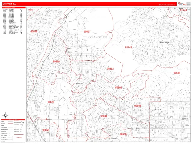 Whittier, CA ZIP Code Wall Map, RedLine style