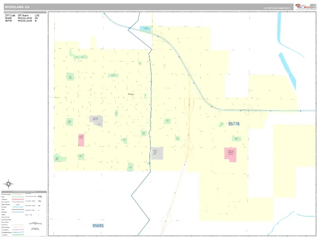 Woodland, CA ZIP Code Wall Map, Classic style