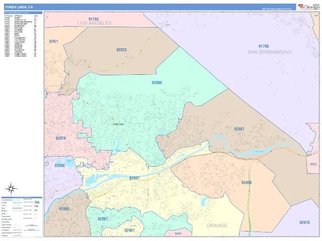 Yorba Linda, CA ZIP Code Wall Map, ColorCast style