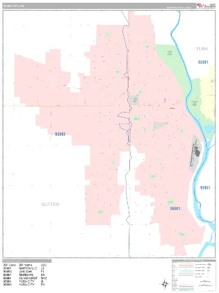 Yuba City, CA Classic style ZIP Code wall map