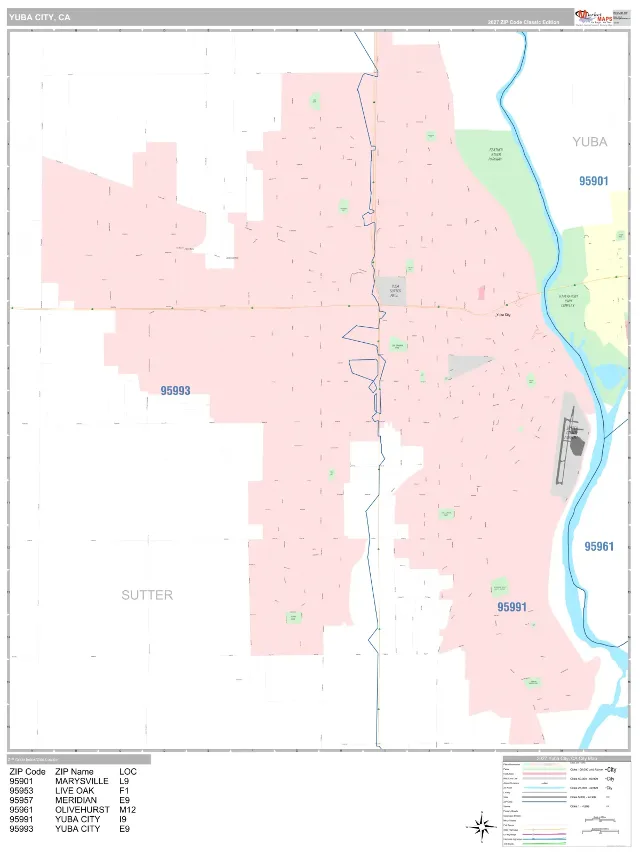 Yuba City, CA ZIP Code Wall Map, Classic style