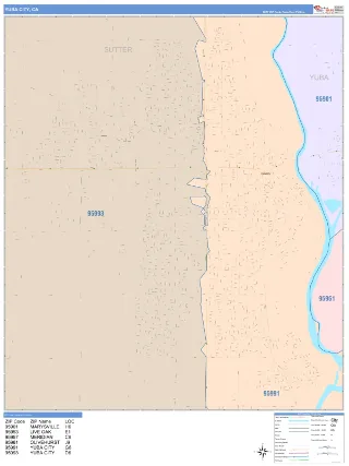 Yuba City, CA ColorCast style ZIP Code wall map