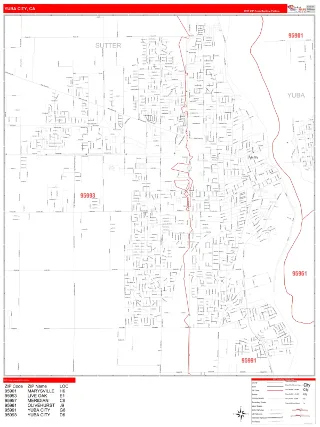 Yuba City, CA RedLine style ZIP Code wall map