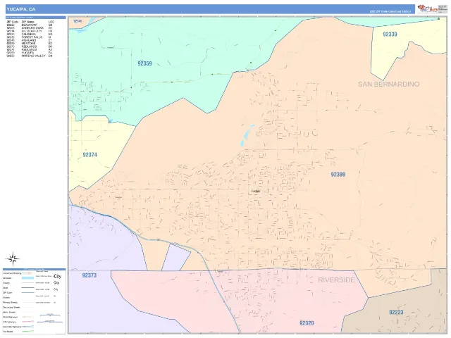 Yucaipa, CA ZIP Code Wall Map, ColorCast style