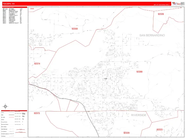 Yucaipa, CA ZIP Code Wall Map, RedLine style