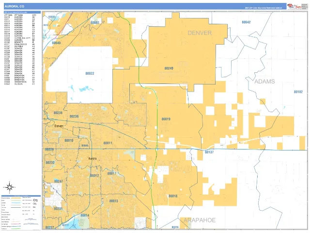 Aurora, CO ZIP Code Wall Map, Business Reference style