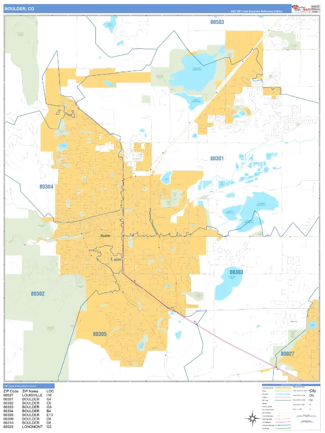 Boulder, CO ZIP Code Wall Map, Business Reference style