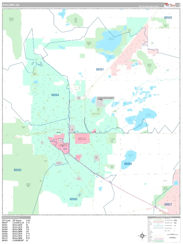 Boulder, CO ZIP Code Wall Map, Classic style