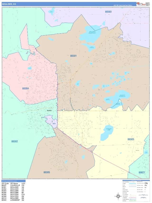 Boulder, CO ZIP Code Wall Map, ColorCast style
