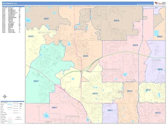 Broomfield, CO ZIP Code Wall Map, ColorCast style