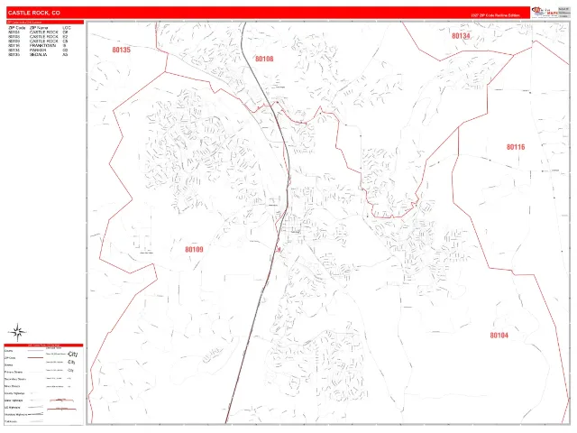 Castle Rock, CO ZIP Code Wall Map, RedLine style