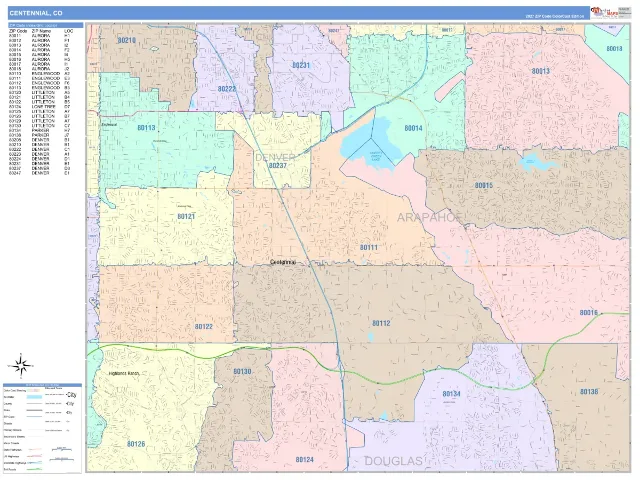 Centennial, CO ZIP Code Wall Map, ColorCast style