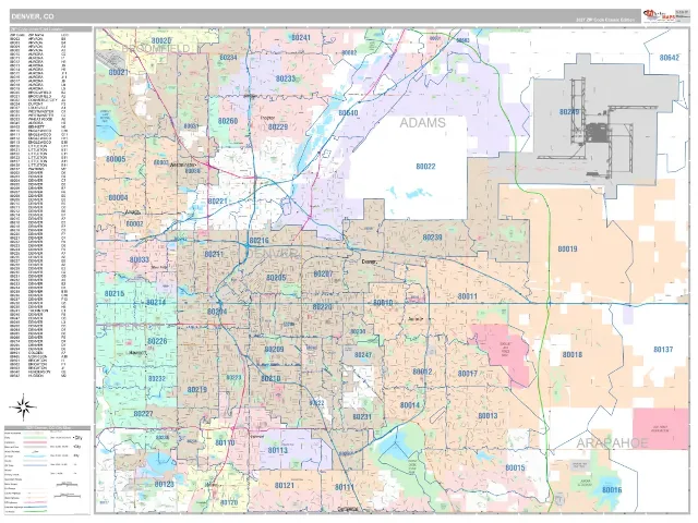 Denver, CO ZIP Code Wall Map, Classic style