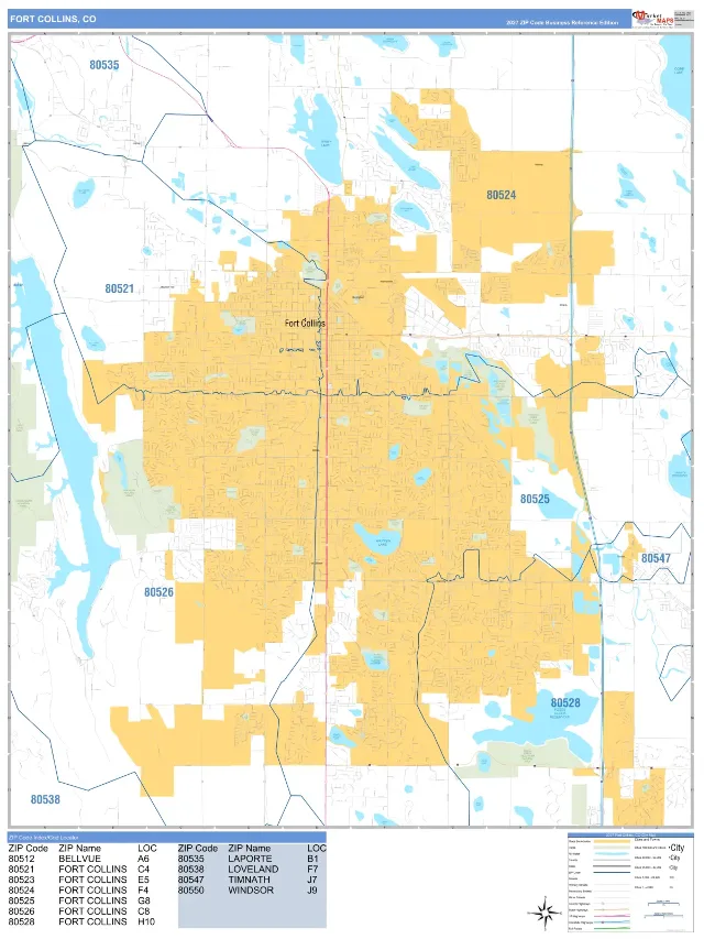 Fort Collins, CO ZIP Code Wall Map, Business Reference style